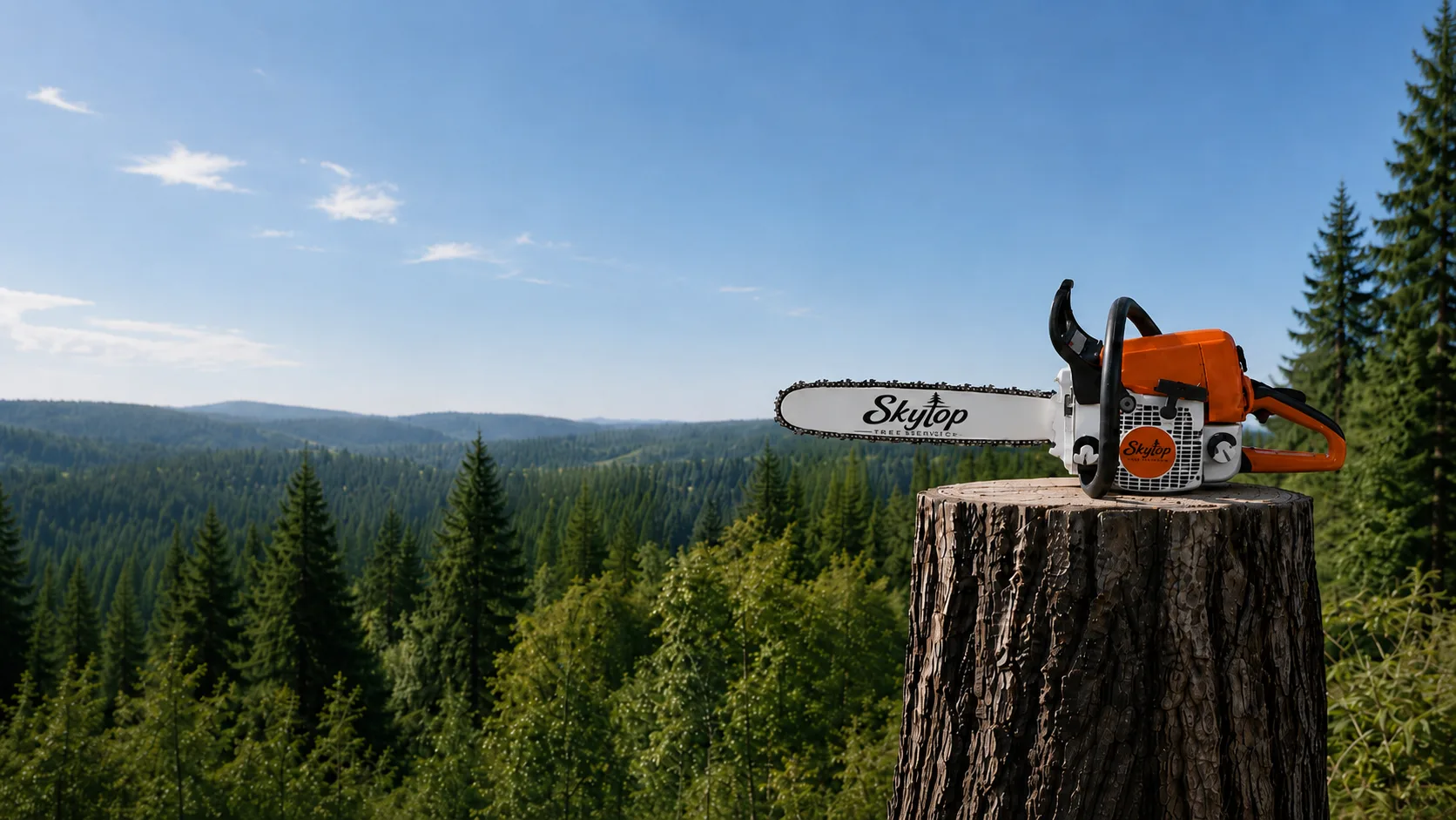 SkyTop Tree Service chainsaw resting on a freshly cut stump above an Oregon forest valley