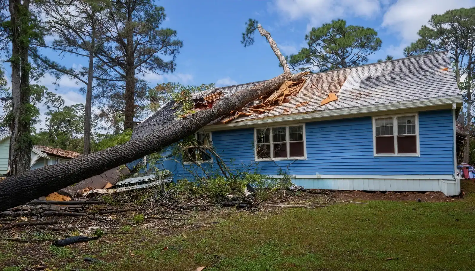 Storm-damaged tree leaning against a house awaiting emergency removal